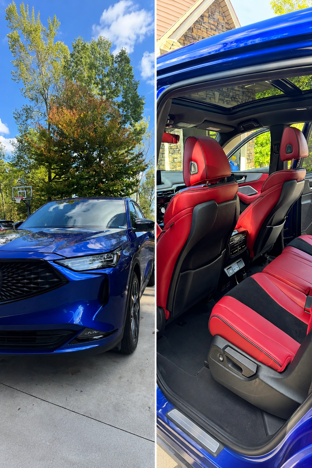 Blue Acura SUV after a full exterior detail alongside its freshly cleaned red leather interior